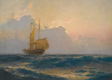 Sailboat on a Wavy Sea at Sunset