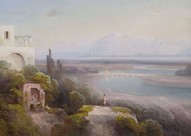Idyllic Landscape with Ancient Ruins and Distant Mountains