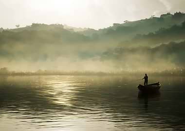 Fisherman in a boat at sunrise