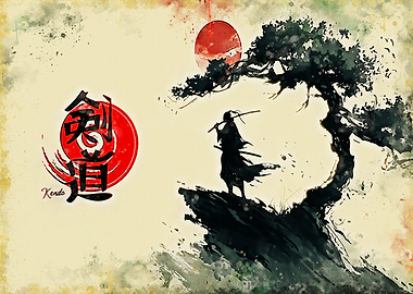 Samurai Warrior Under a Bonsai Tree