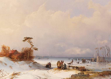 Winter Ice Skating Scene with Figures and a House