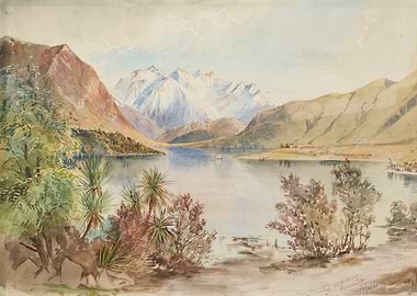 Watercolor Landscape of a Lake and Mountains