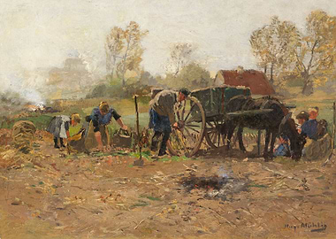 Rural Harvest Scene with Farmers and Horse-Drawn Cart