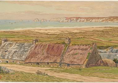 Coastal Village with Thatched Roof Cottages