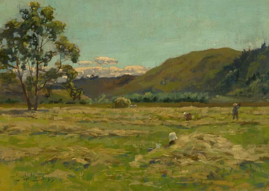 Rural Harvest Scene with Workers