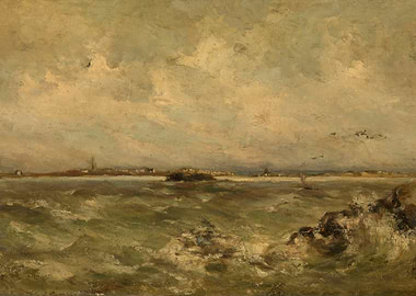 Seascape with Distant Town and Rough Seas