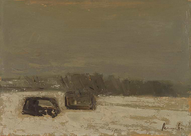 Impressionistic painting of abandoned cars in snow