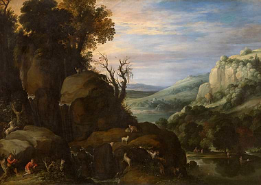 Pastoral Landscape with Waterfall and Sheep