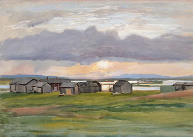 Village by the Water at Sunset
