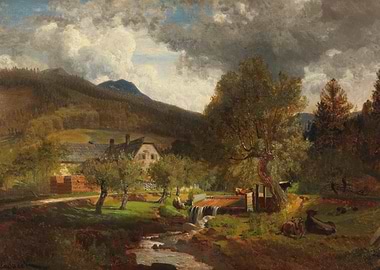 Pastoral Farm Scene with Cows and Stream