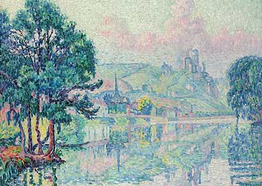 Pointillist River Landscape with Castle