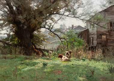 Pastoral Scene with Cows and Old Buildings