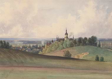 Watercolor Landscape of a Town and Monastery