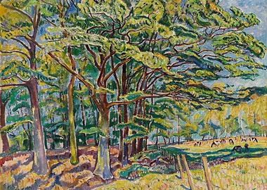 Forest Scene with Grazing Cows