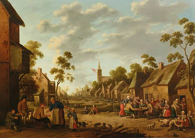 Village Scene with People and Church