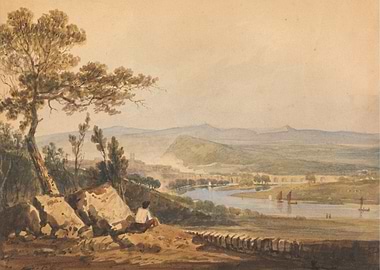 Watercolor Landscape with River and Town
