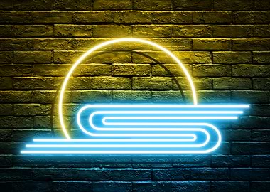 Neon Sunset and Waves - Simplified Nakayama Wall Art on a dark Brick Wall Background