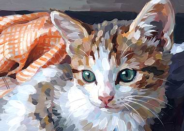 Painting of a Kitten with Green Eyes