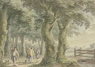 Men in a Forest with Farm Scene