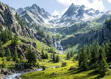 Majestic Mountain Valley Waterfall Landscape