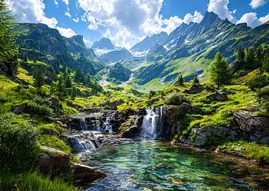 Majestic Mountain Stream and Peaks