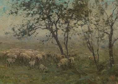 Sheep grazing in a misty landscape