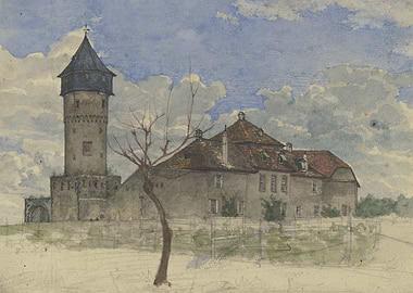 Watercolor painting of a castle with a tower