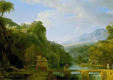 Idyllic Landscape with Figures and Waterfall