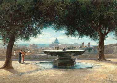 Rome cityscape with fountain and figures