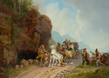 Stagecoach robbery in a mountain pass