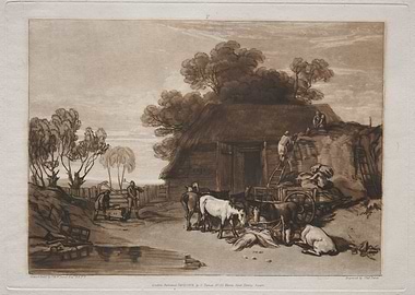 Rural Farm Scene with Figures and Animals