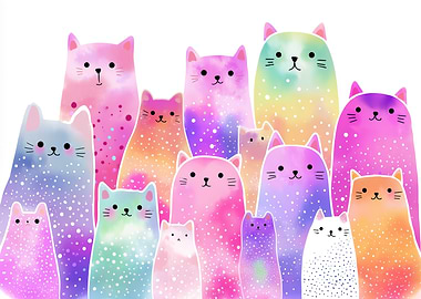 Group of Colorful Watercolor Cats