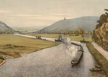 Canal scene with steamships and barges