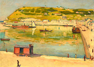 Harbor Scene with Boats and Hillside Town