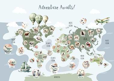 Watercolor World Map with Animals