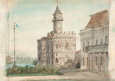 Watercolor painting of a ruined castle and building