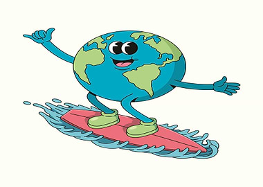 Cartoon Earth Surfing on a Wave