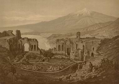 Ancient Ruins with Volcano Background