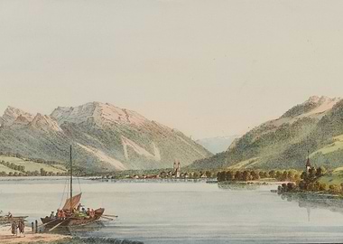 Alpine Lake Town with Mountains and Boat