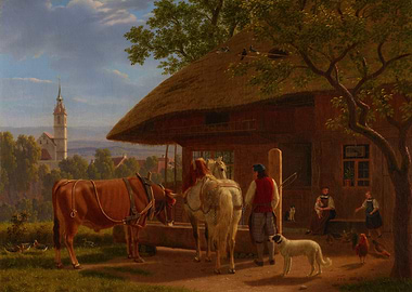 Rural Scene with Farm Animals and Village