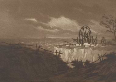 Industrial Landscape with Water Wheels