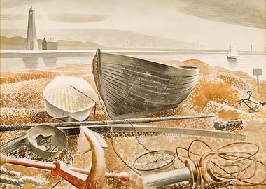 Boats on a Sandy Shore with Lighthouse