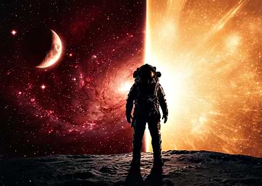 Astronaut on alien planet with nebula