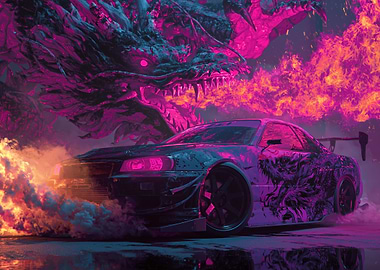 Dragon and Car in Neon Flames