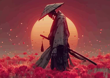 Samurai Skeleton in Red Flower Field