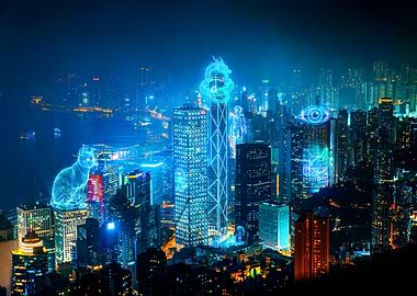 Futuristic Holographic Cityscape at Night