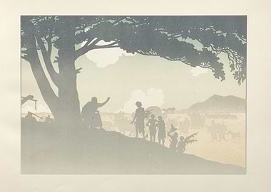 People and animals under a large tree