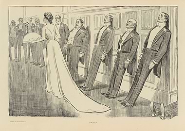Woman in a ballgown freezes men in tuxedos