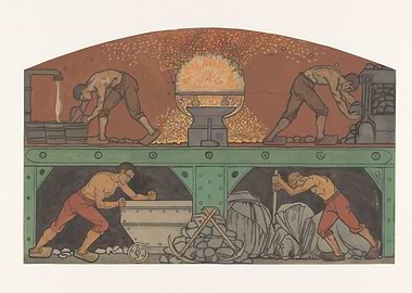 Industrial workers in a stylized scene