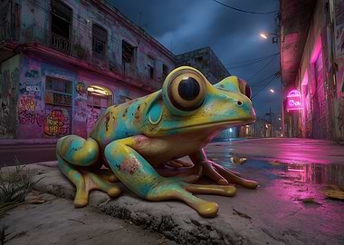 Surreal Frog in Graffiti Cityscape